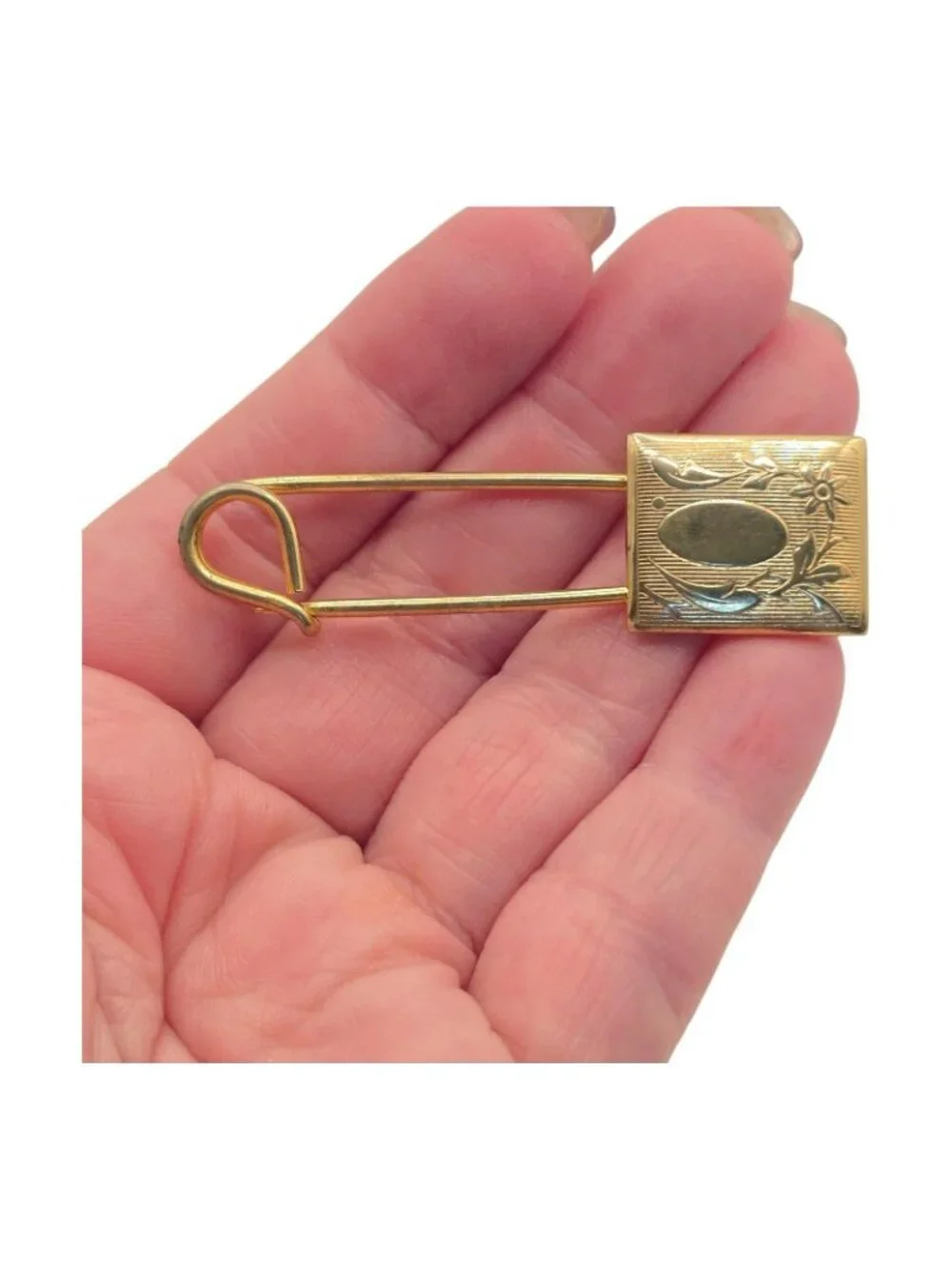 Antique Gold Tone Safety Sash Pin Brooch Floral Engraved Design